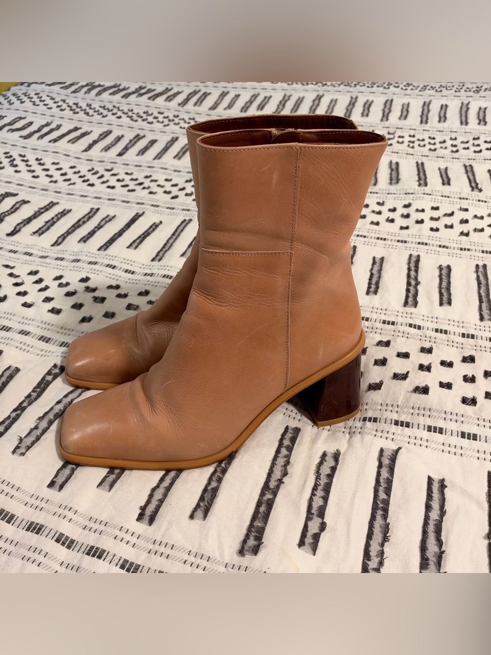 ALOHAS Camel Tan Leather Square Toe Block Heel Ankle Boots Made In Spain 36